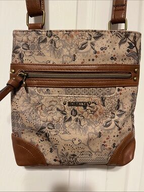 Rosetti Beige Floral Crossbody with Brown Trim